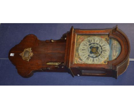 An 18th century Dutch oak wall clock, the white enamel dial with painted foliate panels and painted Dutch galleon to top abov