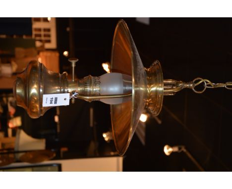 A hanging gas lantern, with brass shade, converted to electricity, 57cm long