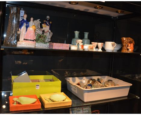 A mixed lot of porcelain, glass and plated wares, to include two Staffordshire flatback figure groups, crystal decanter stopp