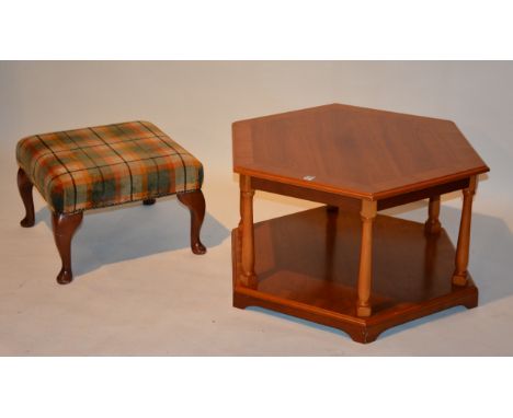 A reproduction cherry wood hexagonal coffee table, 45cm high x 70cm diameter, together with a tartan covered footstool, 34cm 