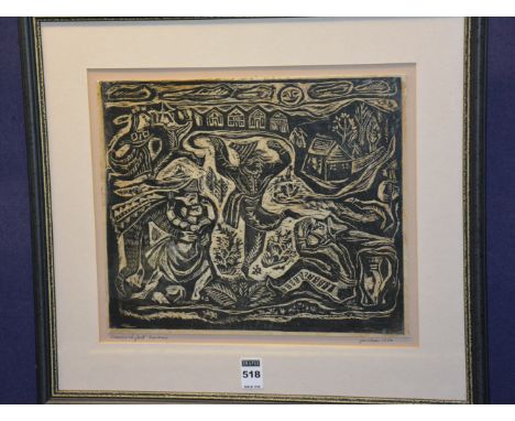 Unknown Artist'Summer Night's Dream'Lino cut print, signed indistinctly and dated 1950 lower right, 26 x 31cm