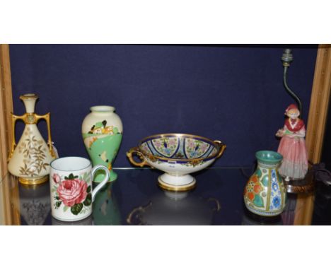 A mixed lot of decorative porcelain, to include Royal Worcester two handled vase(crack to rim), Art Deco Losol ware vase for 