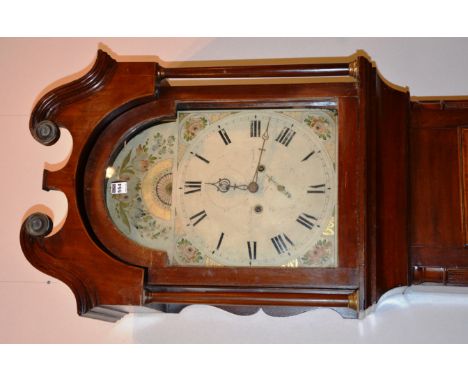 A 19th century mahogany inlaid eight day longcase clock, the hood with broken swan pediment terminating in gilt scrolls, abov