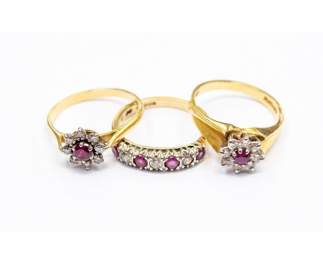 A ruby and diamond 18ct gold ring, size O, total gross weight approx. 4.6gms;&nbsp;another ruby and diamond 18ct gold ring, s