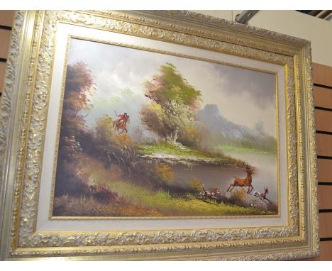 A pair of large modern paintings of hunting scenes, signed 'SUCH', oil on canvas, framed, both 50 x 70cm