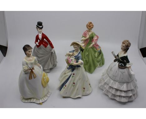 A group of five Royal Worcester early 20th Century bone china figures including Debutante, Summers Day, Summertime, Equestrie