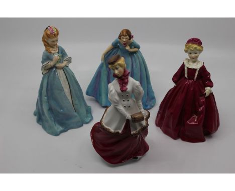 A group of four Royal Worcester figures including: The Duchess Dress 3106; Dawn; Grandmother's Dress 3081 and Sweet Anne 3650