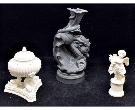 A Wedgwood Jasperware dragon candlestick, a Regency style 'pot pourri' pot and a figure of a cherubCondition: No obvious sign