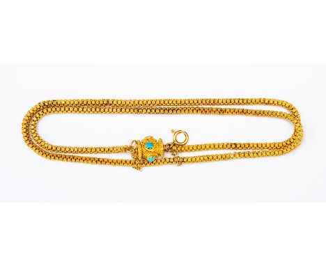A Victorian turquoise set fancy link chain, unmarked yellow metal possibly 18ct gold, the Etruscan style box clasp set with t