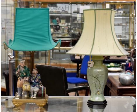 A Chinese Empire era porcelain and gilt metal lamp base with shade, together with a celadon ground and prunus pattern baluste