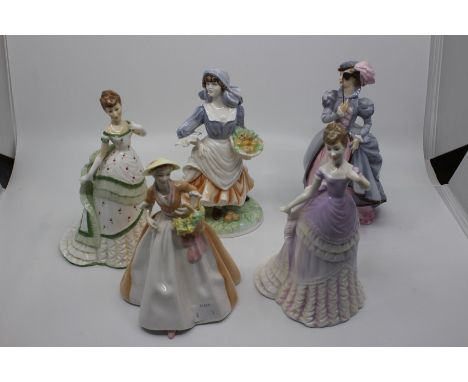 A group of five Royal Worcester bone china figures including: Masquerade, Rosie picking apples, Belle of the Ball, Emily and 