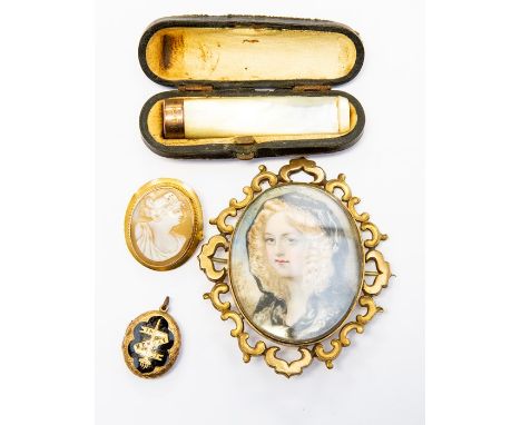 A Victorian oval portrait brooch on ivory of a girl, decorative border, size approx. 70mm x 58mm, unmarked yellow, along with