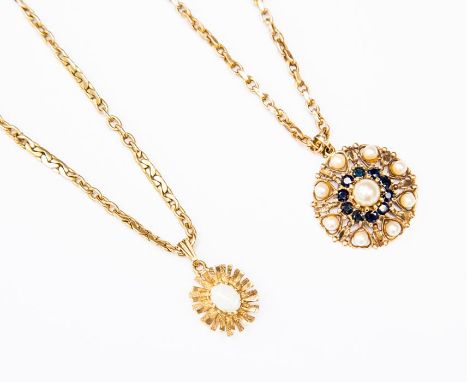 A 9ct gold sapphire and pearl pendant necklace, total gross weight approx 15gms; and a 9ct gold and opal pendant necklace, to