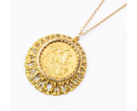 A Sovereign dated 1891, set within a fancy 9ct gold textured surround, on a 9ct gold chain, combined total gross weight appro