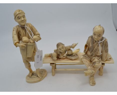 Two early 20th Century Chinese ivory figures, vegetable seller, and man and boy on bench (AF)