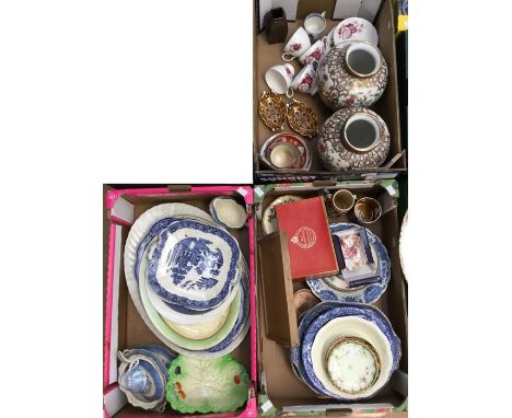 A collection of china and earthenware including Royal Crown Derby imari 1128 bon bon dishes, various Chinese vases, cups, sau