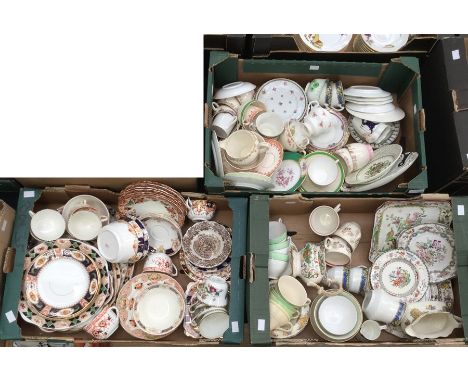 Three boxes containing a collection of assorted tea wares, mostly in the Imari pattern and Iron Red pattern, plus Indian Tree