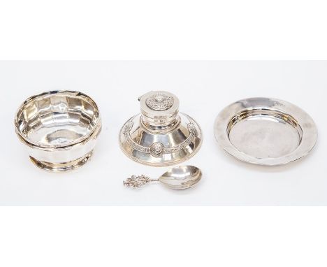 A collection of silver including: A Victorian caddy spoon with sprig of shamrock terminal, by Michael Flack, Chester, 1897; a