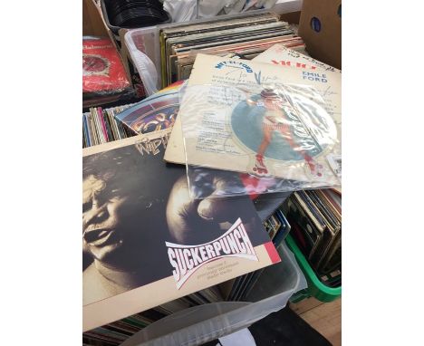 Three boxes of assorted records by various bands, including many autographed albums, mostly, 1960's, 1970's and later; includ