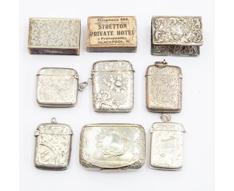 A collection of five various silver vesta cases, one chased with flowers by JG, Birmingham, 1905?, the remaining four engrave
