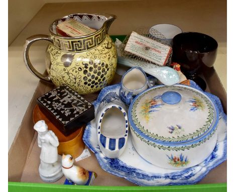 A mixed group of mostly twentieth century ceramics including blue and white egg cups, figures, a soup ladle, a large jug and 
