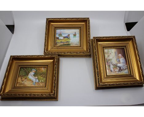 F Clark (early 20th Century) A set of three Royal Worcester porcelain plaques handpainted with scenes depicting children (fee