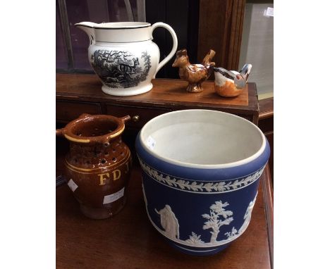 Stoneware salt glaze puzzle jug titles 'FDJD' together with two stoneware bird whistles, Adams jasperware jardiniere and Staf