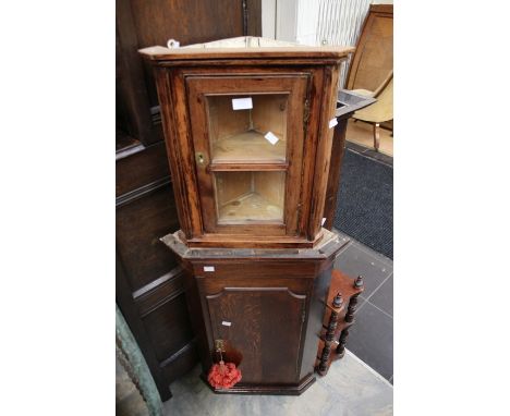 Large and small Georgian wall hanging corner cupboards, one is glazed along with two 19th Century wall hanging shelf units