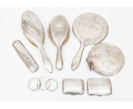 Two silver cigarette cases, together with a silver mirror bacK, silver bangle, two napkin rings, hand brush back, two silver 