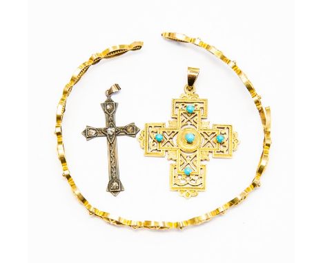 An 18ct gold and turquoise cross pendant, total gross weight approx. 10.5gms, along with an unmarked 18ct gold bangle testing