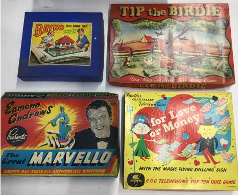 Marx 'Tip the Birdie' shooting game , Bell Toys 'The Great Marvello', Chad Valley 'For Love or Money', Bayko building set no.