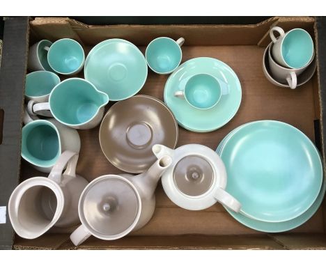 A Poole Pottery collection of teawares, including coffee pot, jug, coffee cups, saucers, side plates, etc, all late 20th Cent