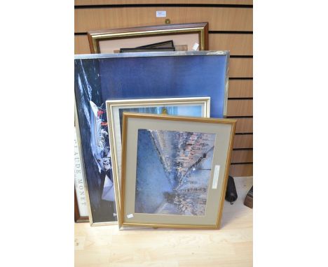 A collection of modern pictures, paintings of sea side scenes, hunting prints, WWI print and Chinese silk frame picture