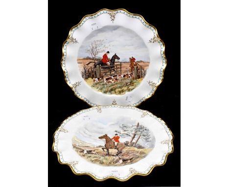 A pair of Royal Crown Derby fan plates, with hand painted hunting scenes by CM Pell