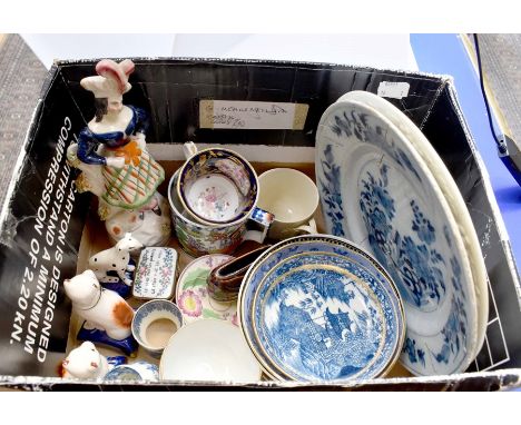 A mixed group of mostly early nineteenth century ceramics, to include: A tin-glazed blue and white plate, a Davenport armoria