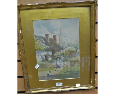 Set of four 19th Century watercolours, village scene watercolour signed and hunting print&nbsp;