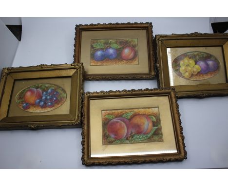 Worcester porcelain interest:A set of four still life of various fruits, grapes, plums, peaches, watercolour, signed and fram