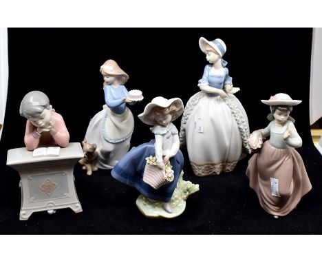 Five Nao figures of four young females and a boy readingCondition: Petal broken from one flower on 'girl with basket of flowe