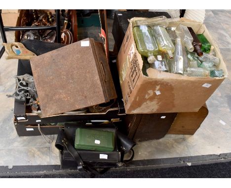 A collection of cameras, cased sewing machines, scales, picnic record player and vintage glass bottles