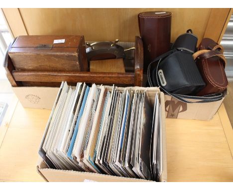 Collection of postcards, modern cameras, barometer and wooden items