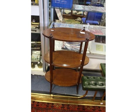 19th Century mahogany three tier oval what not with chequered inlaid top shelf