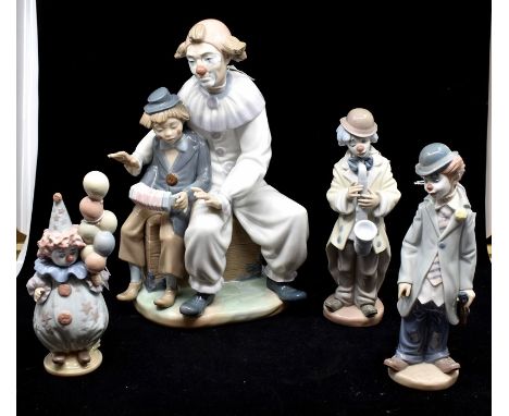 A Lladro collection of clown figures, comprising Lladro figure of a clown playing a saxophone, a figure of a clown with ballo