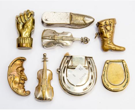 A group of eight Victorian and early 20th Century novelty vesta cases including plated violin, combination cigar cutter and v