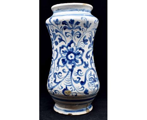 A 19th Century tin glazed earthenware blue and white Albarello jar