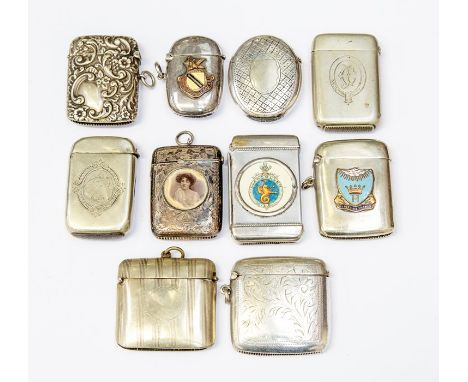 A collection of ten early 20th Century various white metal, EPNS, nickel souvenir and other vesta cases, various designs and 