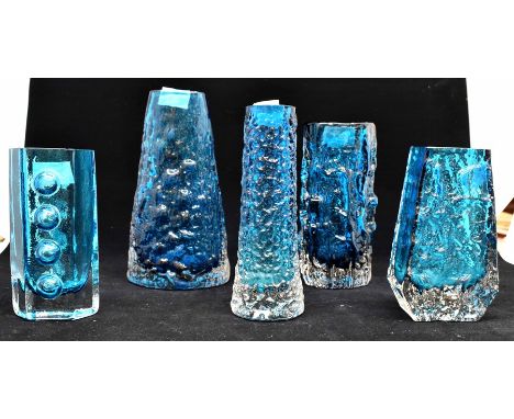 Whitefriars- A collection of 5 Whitefriars vases in Kingfisher blue comprising 'Coffin' vase height approx 13.5cm, cylindrica