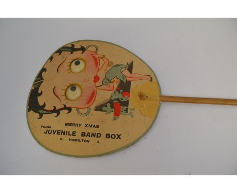 A pre war New Zealand made Betty Boop Paper Fan with moving eyes entitled "Merry Xmas from Juvenile Band Box, Hamiliton". Ori