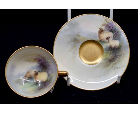 A Royal Worcester Cup and Saucer decorated with Sheep. Hand painted by Ernest Barker. Condition: Hairline crack to rim near h