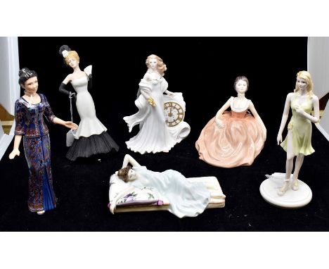 Six various figures comprising Wedgwood Antonia, Coalport, Royal Worcester Eternity, Coalport August-Peridot, Royal Albert Sw