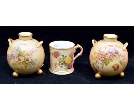 A pair of Royal Worcester early 20th Century blush ivory posy vases, along with Worcester miniature blush ivory mugCondition: